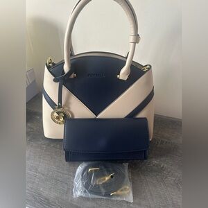 Pompeii Colorblock Navy & Cream Satchel + Matching Clutch (NWT)